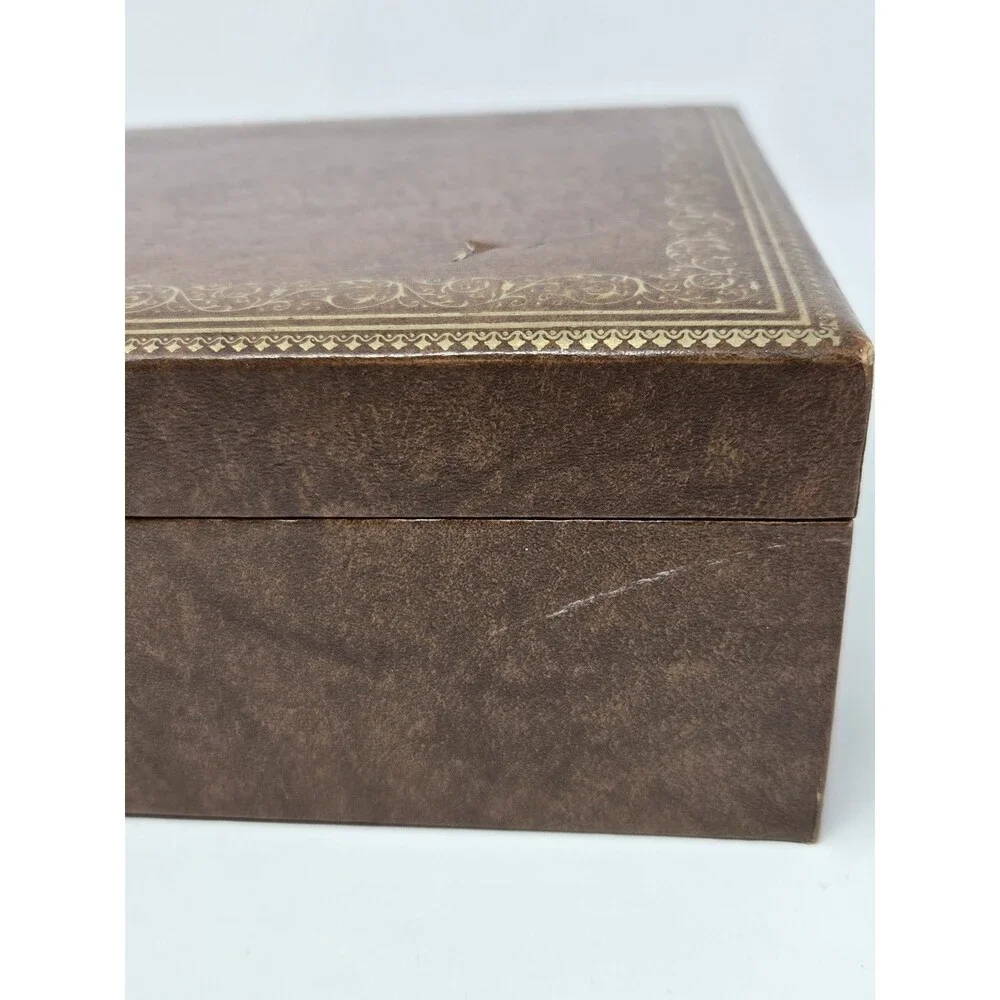 VINTAGE MELE TWO TIER BROWN FAUX LEATHER JEWELERY BOX GOLD FILIGREE CREAM VELVET